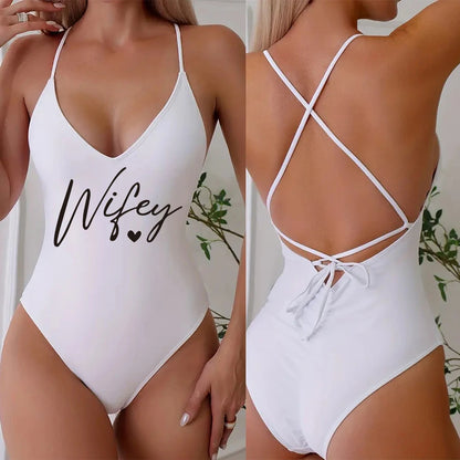 Sexy Padded Wifey One Piece Swimsuit bride Swimwear Women Backless Rose gold Bathing Suit Summer Beachwear monokini Thong