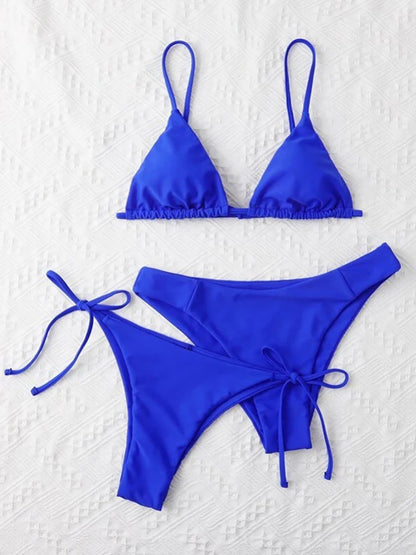 Sexy Solid 3 piece Bikini Set Women's Halter Lace Up Low Waist Swimsuit Triangle Thong Tie On Side Swimwear Brazilian Biquinis