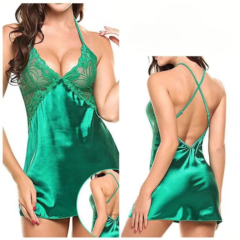 Hot Lingerie Porno Nightdress Sexy Sleepwear Large Size Night Dress Babydoll Women Satin Nightwear Erotic Lace Underwear Pajamas