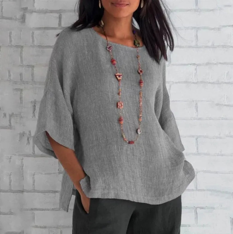 Plus Size Cotton Blouse Shirts Summer O-Neck Three Quarter Loose Casual Blouse Tops Summer Cothes For Women Streetwear