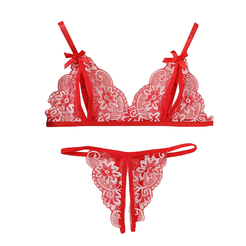 Floral Lace Bra Set Bow Intimates Bra And Thongs Sets Outfit Women's Underwear Set