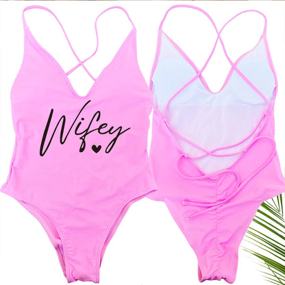 Sexy Padded Wifey One Piece Swimsuit bride Swimwear Women Backless Rose gold Bathing Suit Summer Beachwear monokini Thong