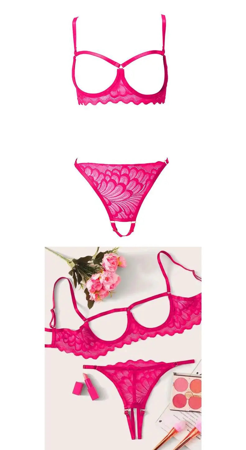 Toucheart 2-piece Set Showing Breasts Sexy Interesting Underwear Women Solid Color Mesh Hollow Out See-through Sexy Lingerie Set