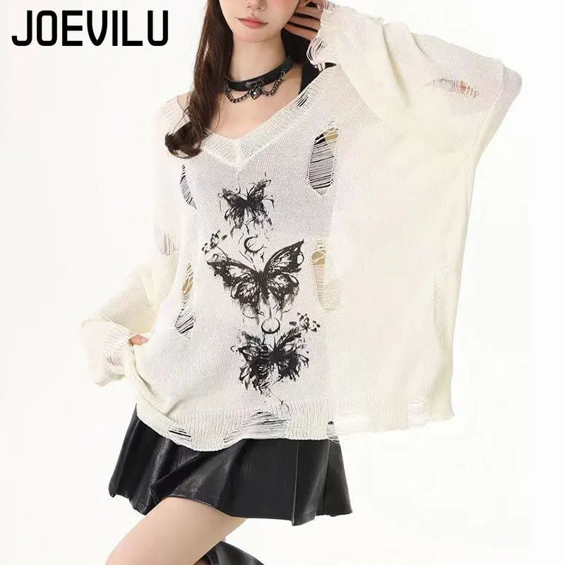 Sexy Graffiti Butterfly Hollow-out Knit Tops Summer Thin Sunscreen Cover Shirt Loose Casual Versatile Y2K Long Sleeve Blouses