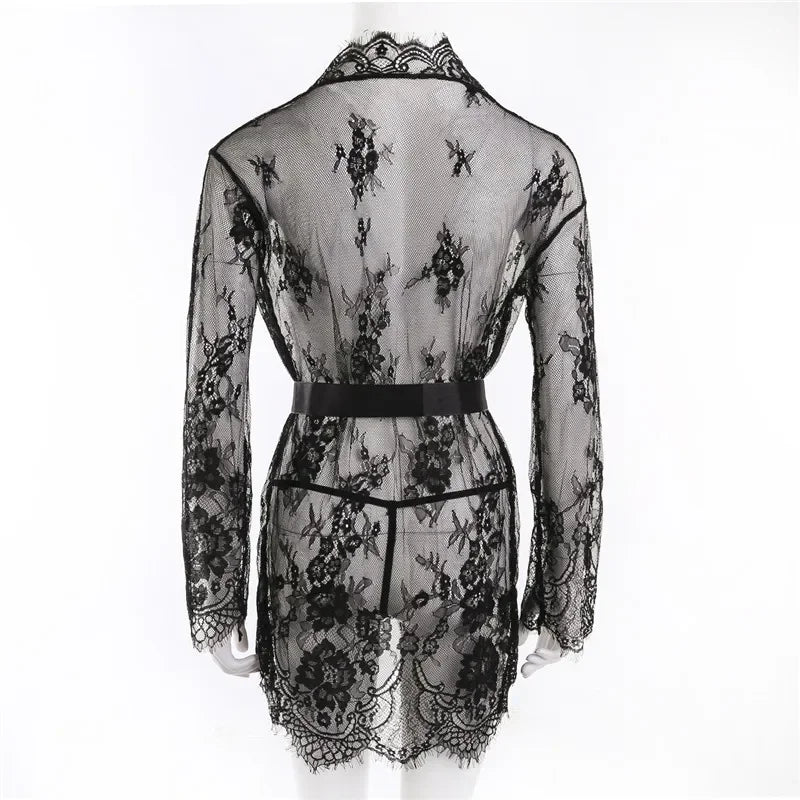 Women Sexy Lingerie Babydoll Erotic Transparent V-Neck Nightdress Robe G-string Costume Lace Sleepwear Dress