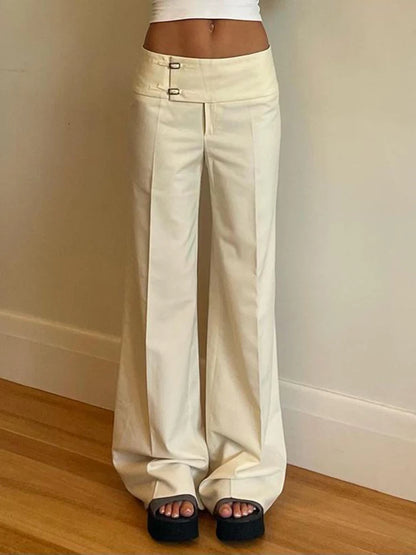 Vintage Y2K Korean Streetwear Pants Woman Low Rise Straight Loose Beige Trousers Button Up Basic 2000S Women Casual Pants