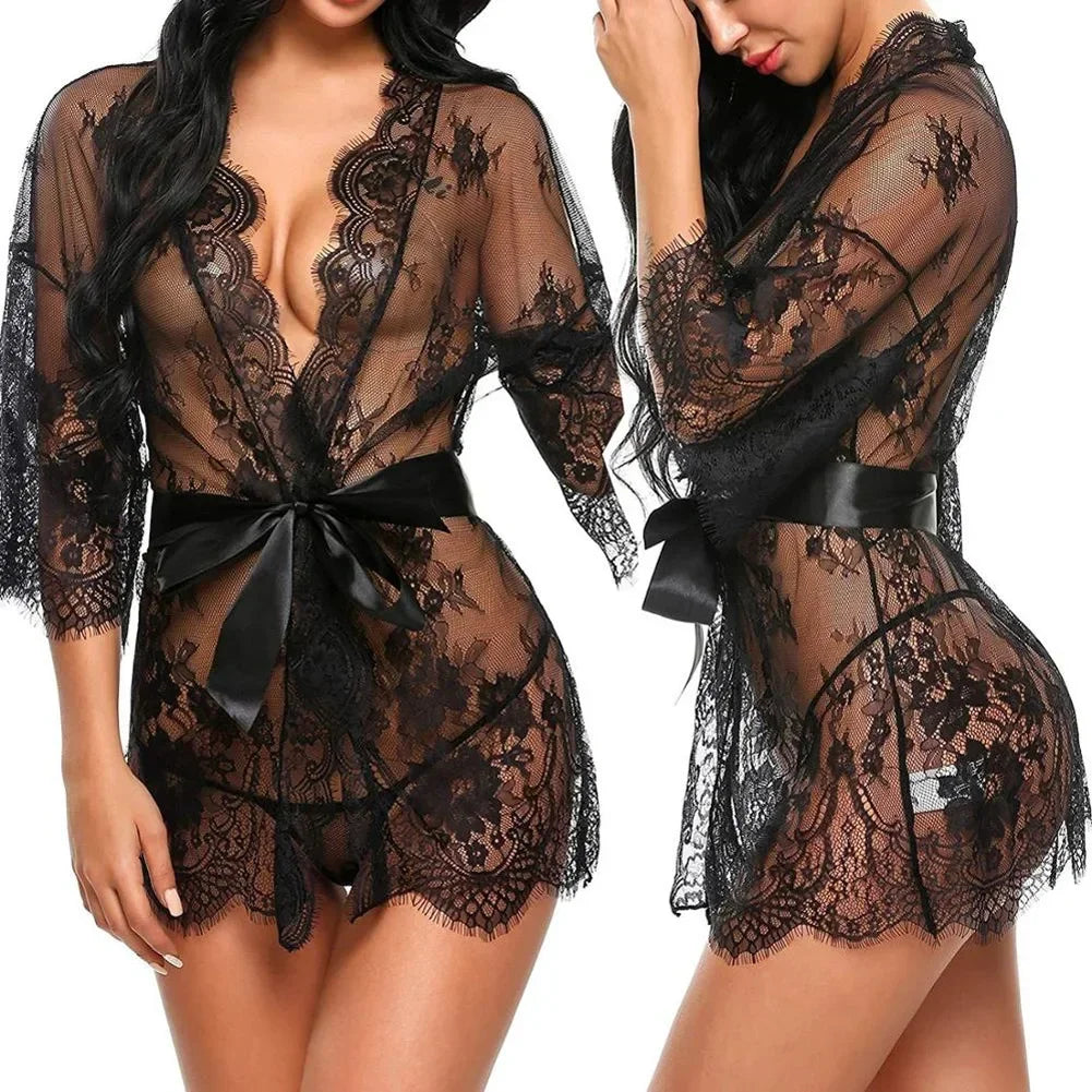New Sexy Lace Transparent Ruffles Robe Women Lingerie See-through Babydolls Underwear Sleepwear Night Dress Erotic Sex Clothes