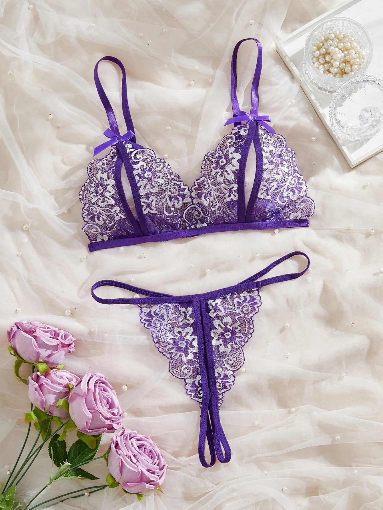 Women Floral Underwear Set, Bra And Thong Sets, Women Clothing, Valentine's Day Gift