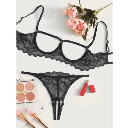 Toucheart 2-piece Set Showing Breasts Sexy Interesting Underwear Women Solid Color Mesh Hollow Out See-through Sexy Lingerie Set