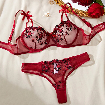 Transparent Women Red Lace New Embroidery Floral Ultra-thin Exquisite Underwear Bra Set