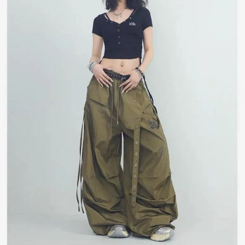 Women's Dance Y2K Style Pants Cross Layer Straps Design Casual Streetwear Wide Leg Cargo Pants For Hip Hop Dance Colorful