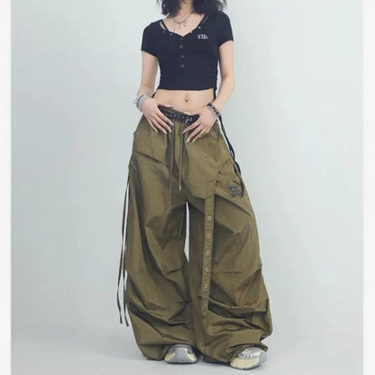 Women's Dance Y2K Style Pants Cross Layer Straps Design Casual Streetwear Wide Leg Cargo Pants For Hip Hop Dance Colorful