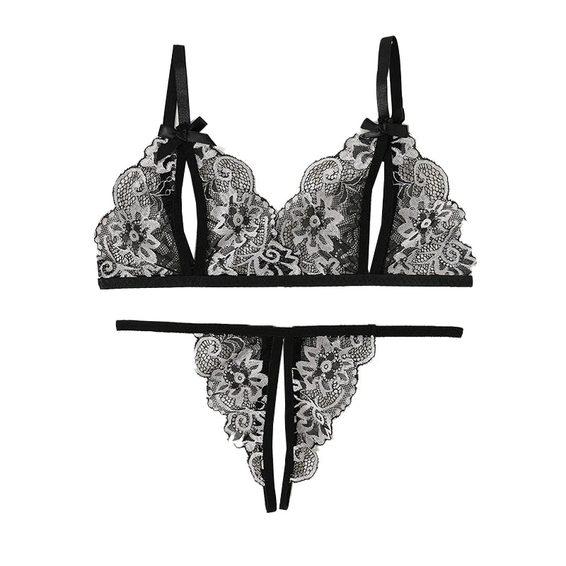 Floral Lace Bra Set Bow Intimates Bra And Thongs Sets Outfit Women's Underwear Set