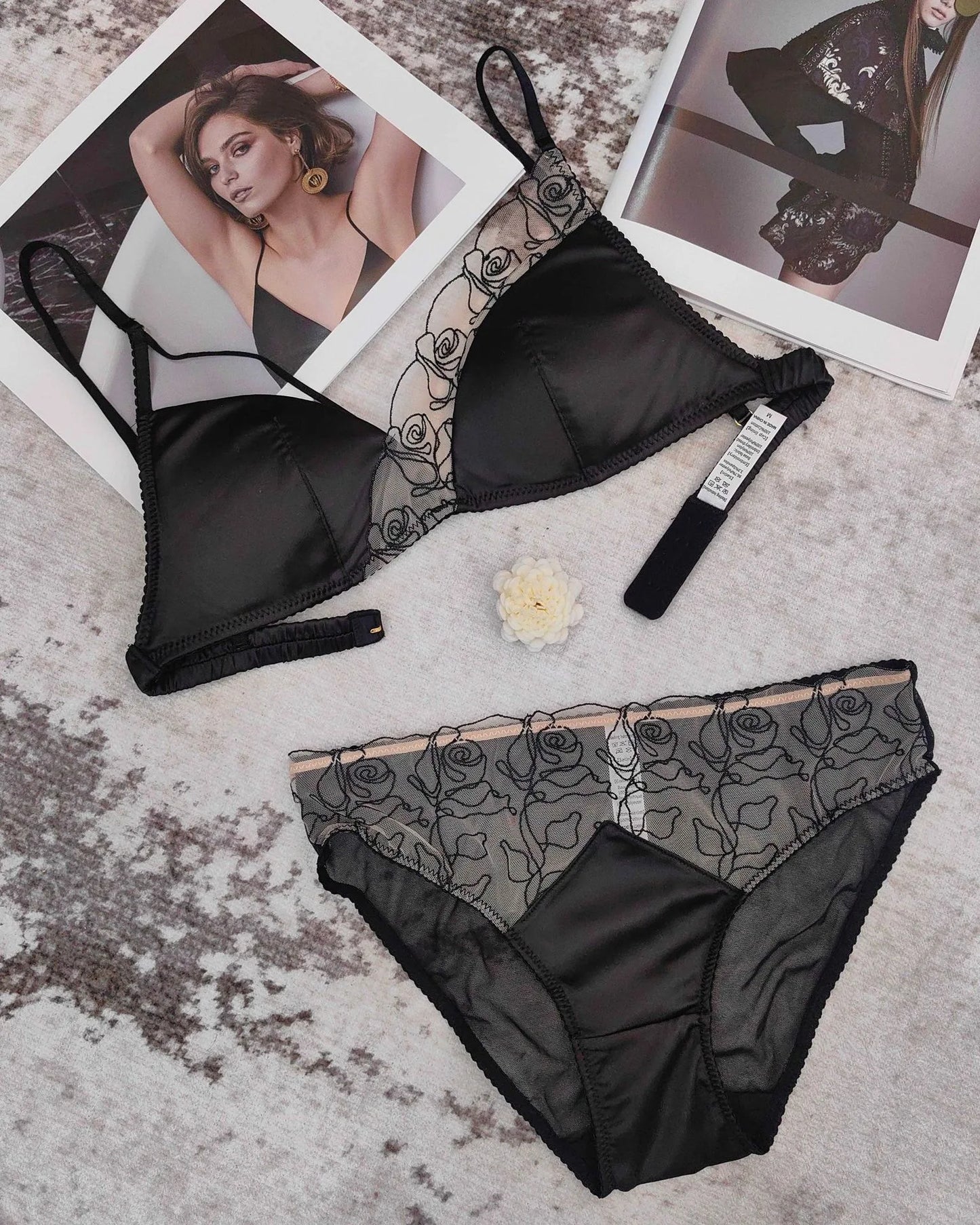 Women Underwear Set Sexy Silken Triangle Cup Wireless Bras French Bralette Seamless Intimates Bra and Thong Lingerie Set