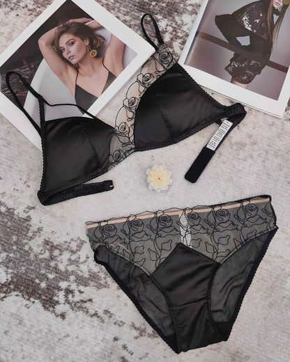 Women Underwear Set Sexy Silken Triangle Cup Wireless Bras French Bralette Seamless Intimates Bra and Thong Lingerie Set