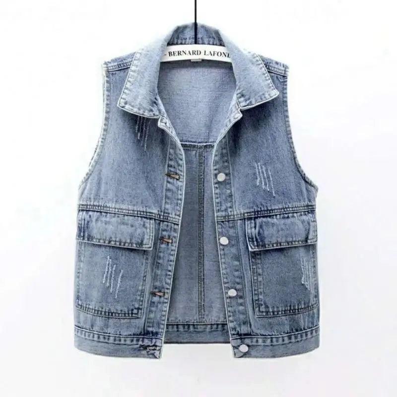 Frayed Denim Vintage Sleeveless Loose Single Breasted Women's Vest Jacket Coats Short Coat For Women Clothing 2024 Fashion