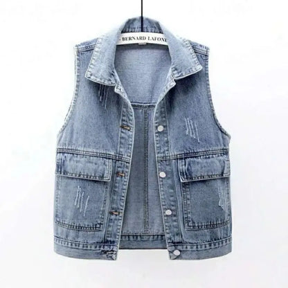 Frayed Denim Vintage Sleeveless Loose Single Breasted Women's Vest Jacket Coats Short Coat For Women Clothing 2024 Fashion