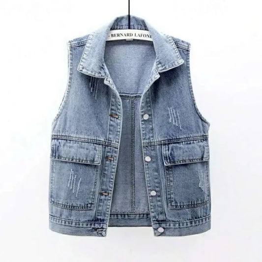 Frayed Denim Vintage Sleeveless Loose Single Breasted Women's Vest Jacket Coats Short Coat For Women Clothing 2024 Fashion