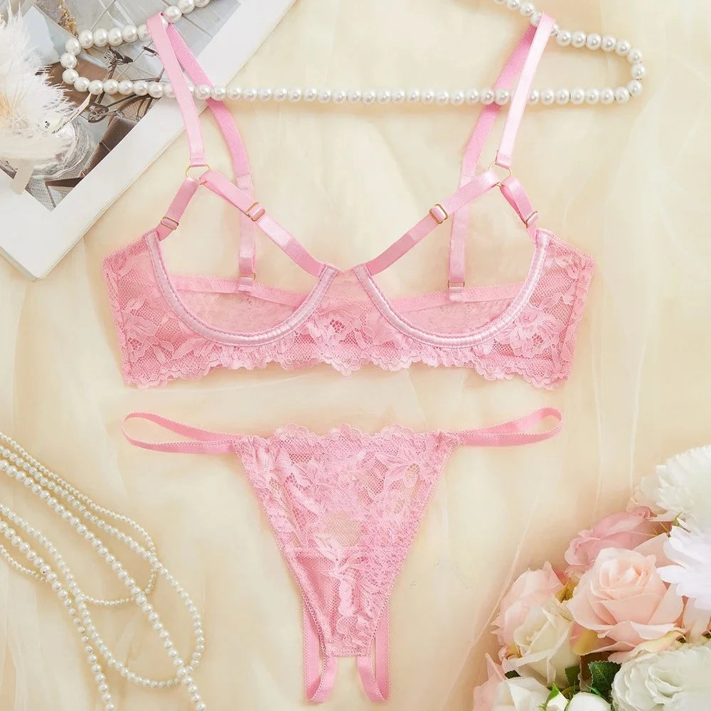 Toucheart 2 Piece Set Sexy Interesting Underwear Set for Women Solid Color Lace Mesh See-through Bra Exotic Sexy Lingerie Set