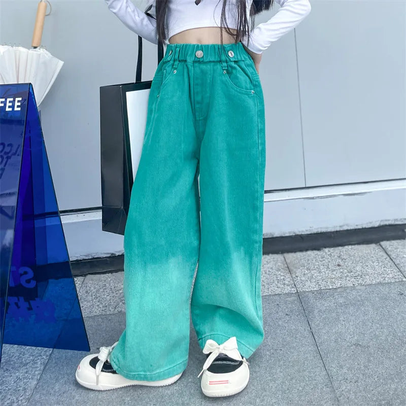 3-14Y Spring Autumn Girls Jeans Teen-agers Fashion Gradient Color Long Style Trousers For Kids Denim Wide Leg Pants