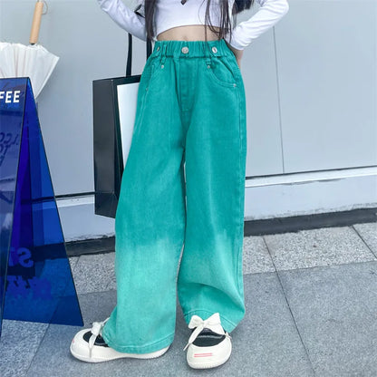 3-14Y Spring Autumn Girls Jeans Teen-agers Fashion Gradient Color Long Style Trousers For Kids Denim Wide Leg Pants