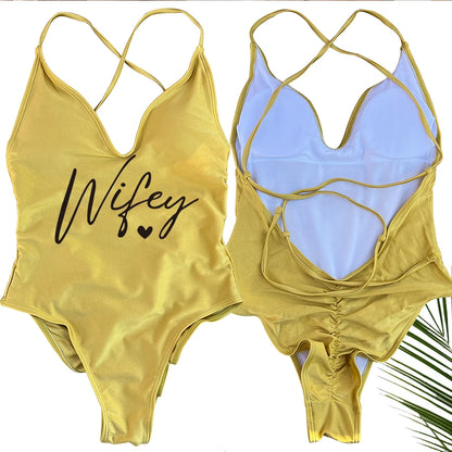 Sexy Padded Wifey One Piece Swimsuit bride Swimwear Women Backless Rose gold Bathing Suit Summer Beachwear monokini Thong