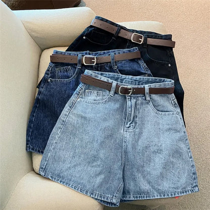 Women High Waist Denim Shorts Summer Chic Streetwear Female Casual Wide Leg Short Pants Solid Color Lady Loose Straight Shorts