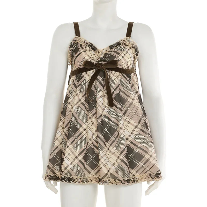 Y2K Bow Contrast Checked Tank Top Vintage Sleeveless V-neck Cute Camis Tops A-line Sweet Style Vest Summer Outfits