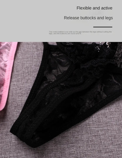 Men Sexy Thong Lace Sheer Underwear Tanga Hombre Man Panties Sissy Erotic Lingerie G String Ultra-Thin Rhinestone Underpants