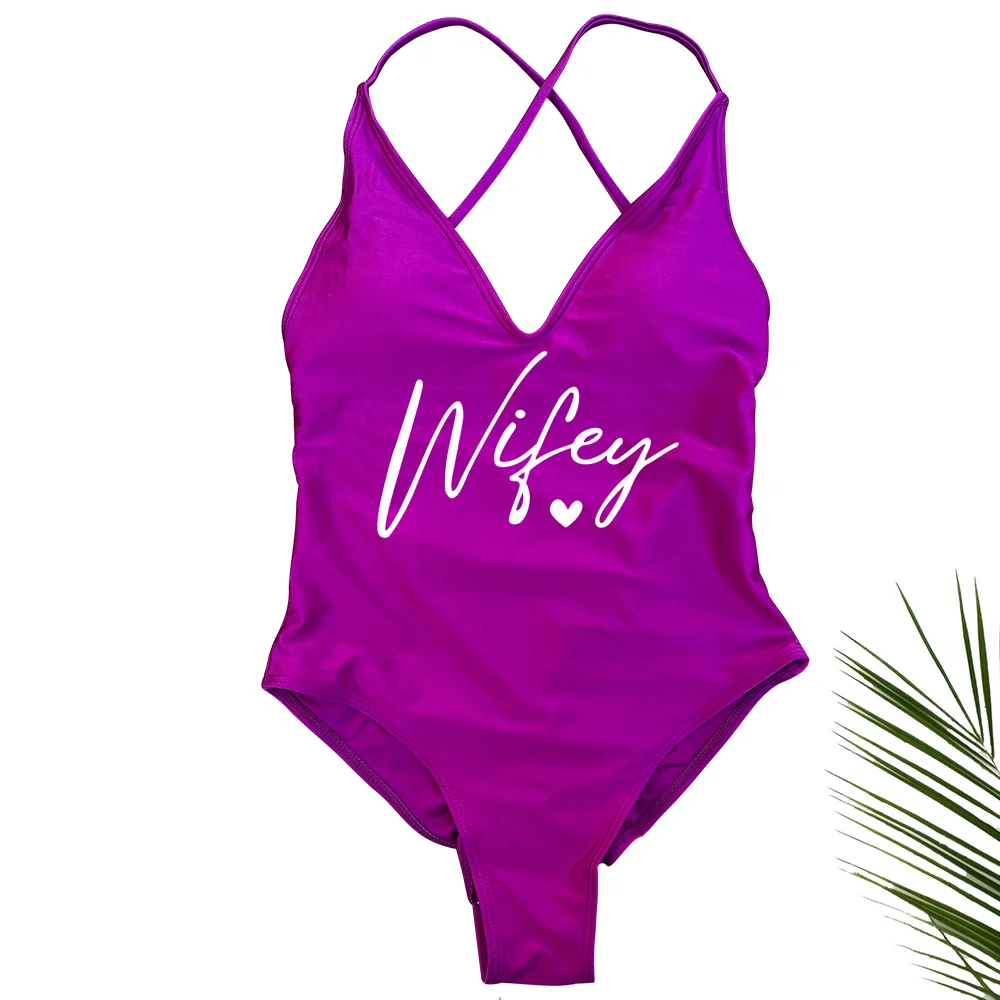 Sexy Padded Wifey One Piece Swimsuit bride Swimwear Women Backless Rose gold Bathing Suit Summer Beachwear monokini Thong