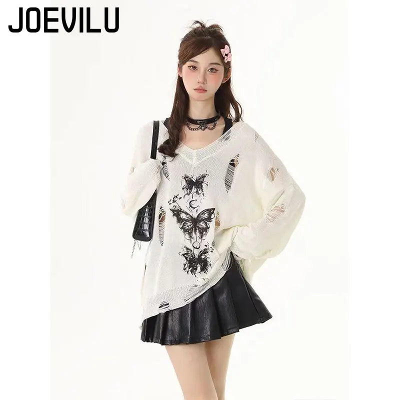 Sexy Graffiti Butterfly Hollow-out Knit Tops Summer Thin Sunscreen Cover Shirt Loose Casual Versatile Y2K Long Sleeve Blouses