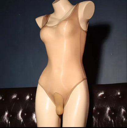 Full Transparent Bodysuits Gay Men Oils Shiny Smooth Jumpsuits Sissy Sheer Mesh Swimsuit Cross-dresser Glossy Erotic Lingerie