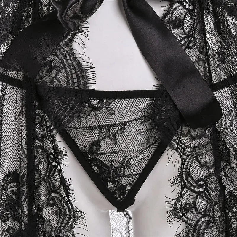 New Sexy Lace Transparent Ruffles Robe Women Lingerie See-through Babydolls Underwear Sleepwear Night Dress Erotic Sex Clothes