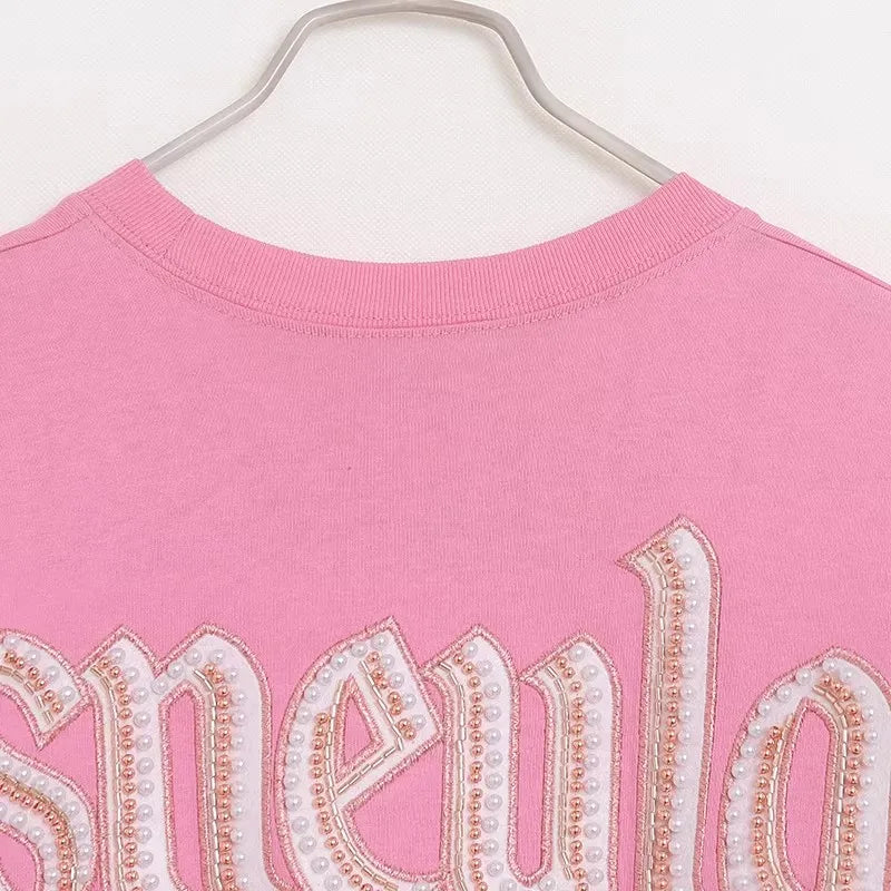Disney World Letter Mickey Mouse Cartoon Print Embroidery Flares Pearl Pink Sweatshirt Sweet Women Long Sleeve Loose Jumper Tops