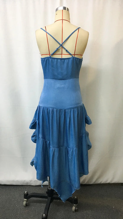 Women's Denim Retro Western Midi Flare Dress with Ruffle Skirt - Vintage Cowboy Style Fall Fashion, Stretch Comfort