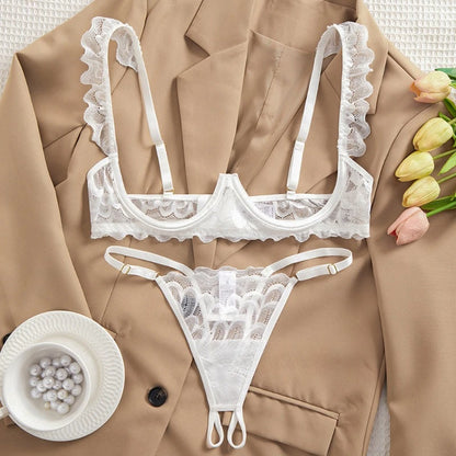 Toucheart 2 Piece Set Sexy Interesting Underwear Set for Women Solid Color Lace Mesh See-through Bra Exotic Sexy Lingerie Set