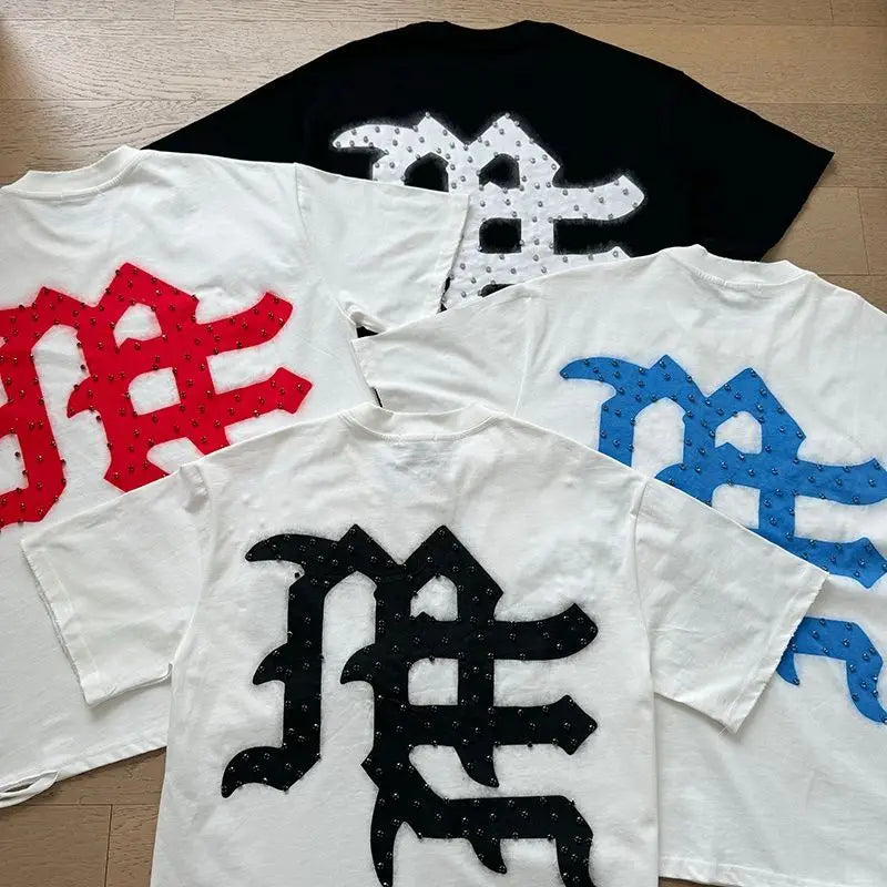 MIXED EMOTION Shirt Rhinestone Short Sleeve Men Women T-shirt Streetwear 100% Cotton Loose Round Neck Top Tees Oversized Tee Top