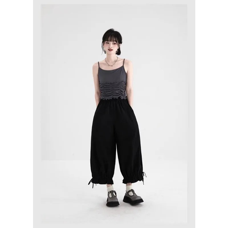 Women's Black High Waist Wide Leg Pants Drawstring Cuff Ruffled Casual Trousers