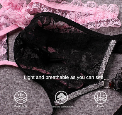 Men Sexy Thong Lace Sheer Underwear Tanga Hombre Man Panties Sissy Erotic Lingerie G String Ultra-Thin Rhinestone Underpants