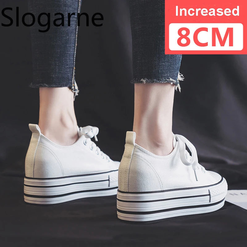 Students Invisible Increasing Canvas Shoes Women 8CM Thick Sole Height Skateboard Shoes Girls 2026 New Korean Casual Sneakers