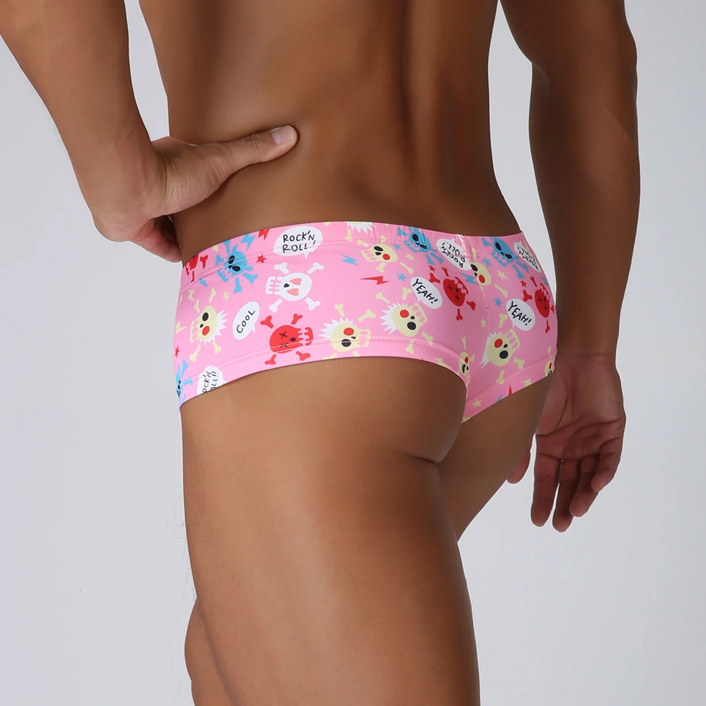Men Penis Bag Jockstrap Lingerie Soft Hollow Sexy Breathable Boxer Brief Low Rise Skull Print U Pouch Underwear