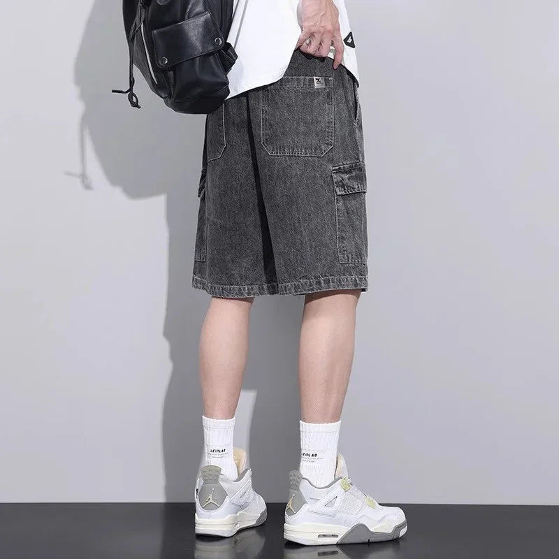 Summer Men's High Street Baggy Cargo Denim Shorts 2026 New Y2K Vintage Drawstring Jorts Hip Hop Fashion Blue Short Jean Pants