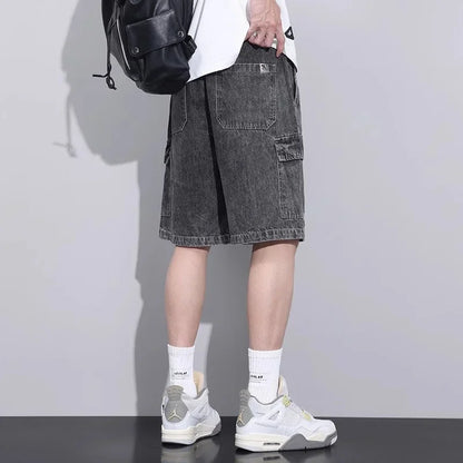 Summer Men's High Street Baggy Cargo Denim Shorts 2026 New Y2K Vintage Drawstring Jorts Hip Hop Fashion Blue Short Jean Pants