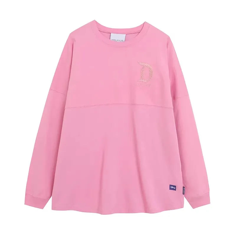 Disney World Letter Mickey Mouse Cartoon Print Embroidery Flares Pearl Pink Sweatshirt Sweet Women Long Sleeve Loose Jumper Tops