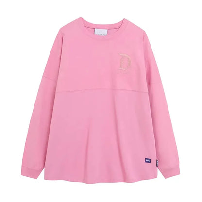 Disney World Letter Mickey Mouse Cartoon Print Embroidery Flares Pearl Pink Sweatshirt Sweet Women Long Sleeve Loose Jumper Tops