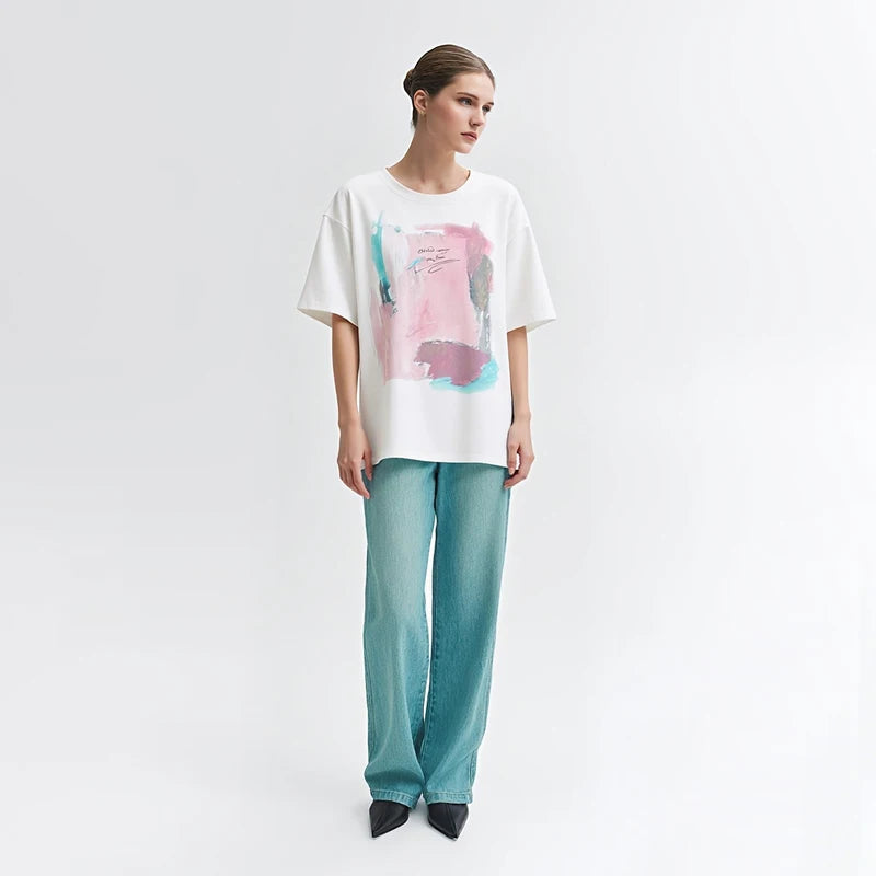 Amii Women's T-Shirt 2026 Summer New Cotton O-Neck Drop Shoulder Tee Casual Printed Loose Short Sleeve Top For Women 12642030