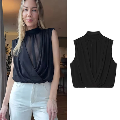 Women's Tops Summer Fashion Pleated Tops Women Turtleneck Sleeveless Tops Casual Female Chic Tops