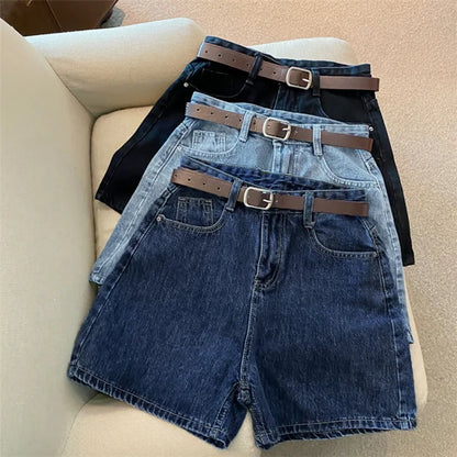 Women High Waist Denim Shorts Summer Chic Streetwear Female Casual Wide Leg Short Pants Solid Color Lady Loose Straight Shorts