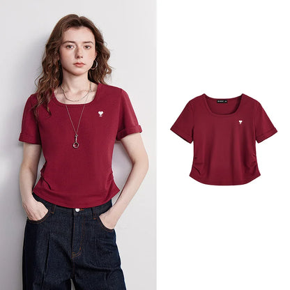 TOYOUTH Women T-shirt 2026 Summer New Breathable Bead Floor Short Fit Waist Cinched Square Neck American Top