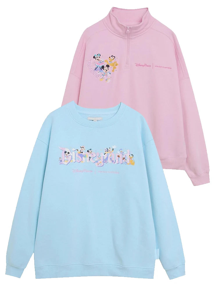 Disney Pink Disneyland Letter Embroidery Cartoon Mickey Minnie Cute Print Sweatshirt Zipper Women Jumper Fleece Pullover Unisex